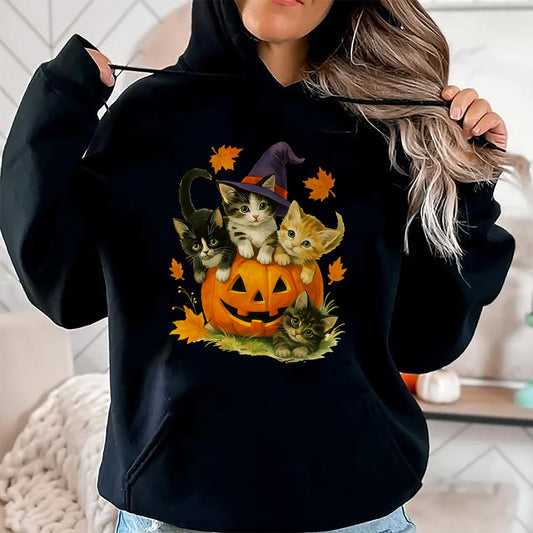 Cute Cat Pumpkin Halloween Spooky Season Vintage T-Shirt - Halloween Unisex T-Shirt/Hoodie - NGHL00