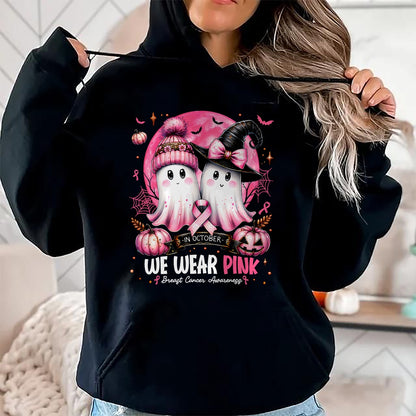 in October We Wear Pink Ghost Witch Breast Cancer Awareness T-Shirt - Halloween Unisex T-Shirt/Hoodie - NGHL00