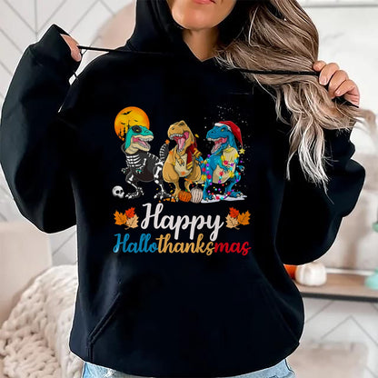 Halloween Thanksgiving Christmas Happy HalloThanksMas T rex T-Shirt - Christmas Unisex T-Shirt/Hoodie/Sweatshirt - NGHL00