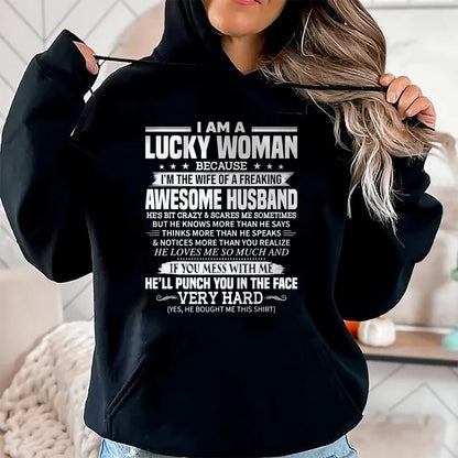 A Lucky Woman I'm the Wife of a Freaking Awesome Husband T-Shirt - Gift For Wife From Husband  Unisex T-Shirt/Hoodie - NGHL00 (SKUT-2310EMAILWIFE-00)