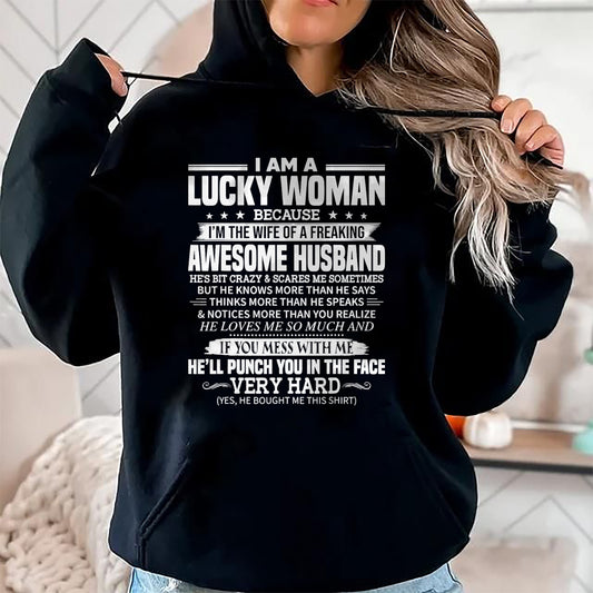 A Lucky Woman I'm the Wife of a Freaking Awesome Husband T-Shirt - Gift For Wife From Husband  Unisex T-Shirt/Hoodie - NGHL00 (SKUT-2310EMAILWIFE-00)