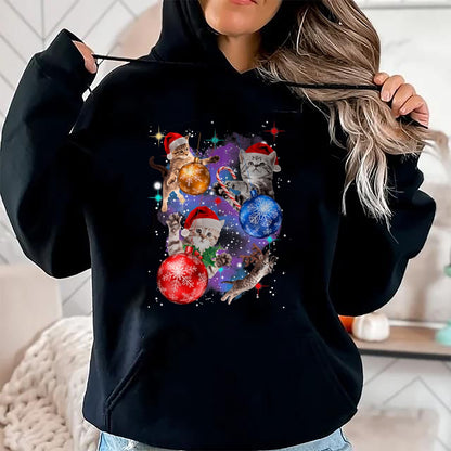 Cute Christmas Cats In Space Ornaments Graphic T-Shirt - Christmas Unisex T-Shirt/Hoodie/Sweatshirt - NGHL00