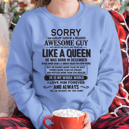 December - Sorry I am already taken by a freaking awesome guy - Gift for Wife From Husband - NGHL12 (SKU08-25-12)