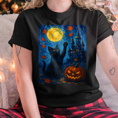 Halloween Van Gogh Starry Night Black Cat Pumpkins T-Shirt - Halloween Unisex T-Shirt/Hoodie - NGHL00