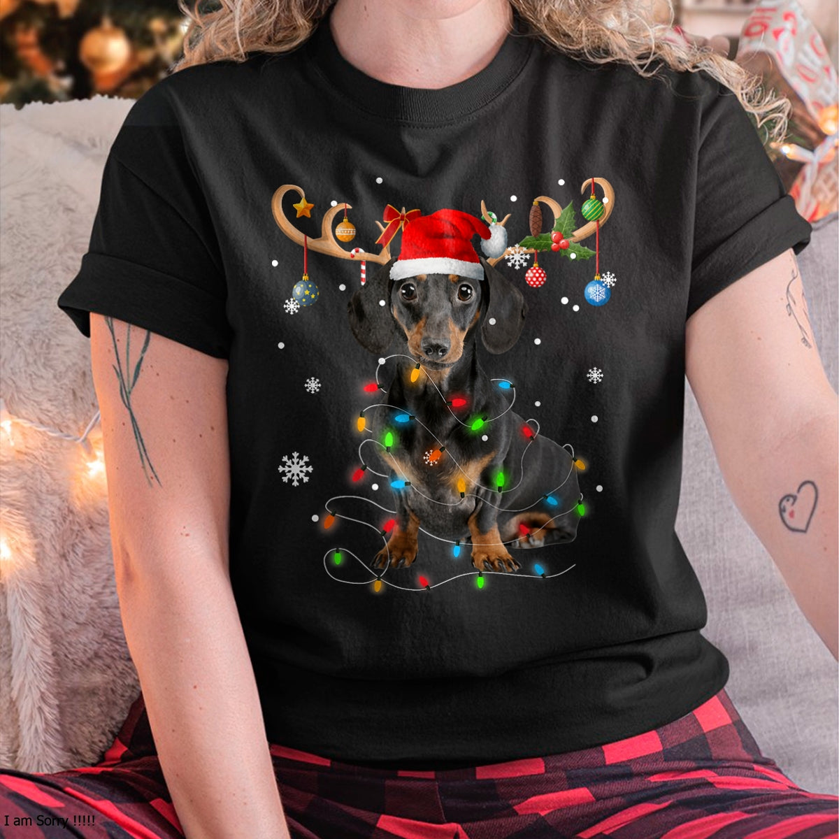 Funny Dachshund Christmas Reindeer Christmas Lights Pajama T-Shirt - Christmas Unisex T-Shirt/Hoodie/Sweatshirt - NGHL00