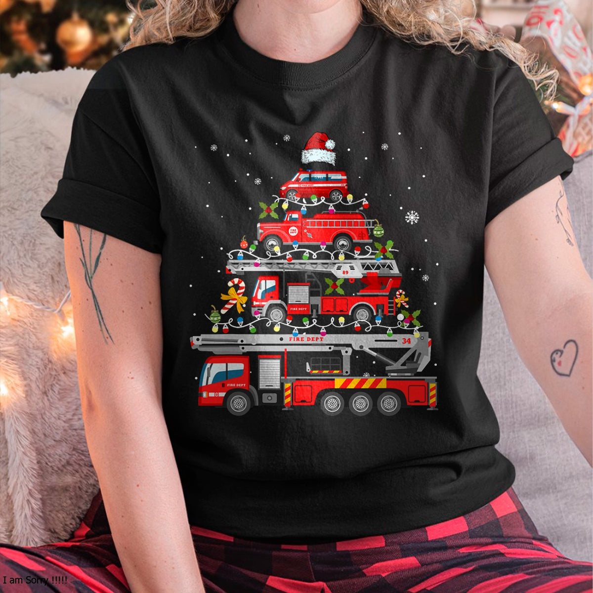 Firefighter Fire Truck Christmas Tree Lights Santa Fireman T-Shirt - Christmas Unisex T-Shirt/Hoodie/Sweatshirt - NGHL00