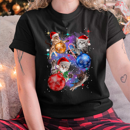Cute Christmas Cats In Space Ornaments Graphic T-Shirt - Christmas Unisex T-Shirt/Hoodie/Sweatshirt - NGHL00