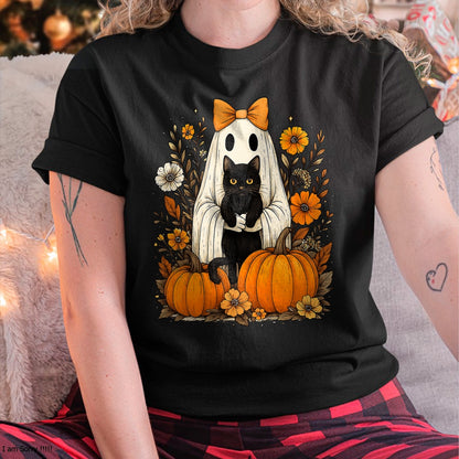 Vintage Halloween Ghost Holding Black Cat Groovy Floral T-Shirt - Halloween Unisex T-Shirt/Hoodie - NGHL00