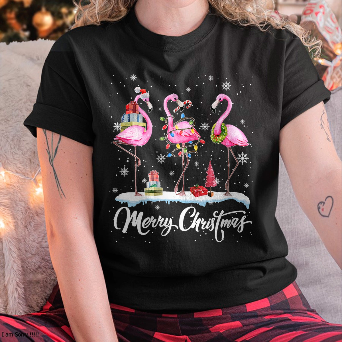 Merry Christmas Hat Santa Flamingo Light Christmas Snow T-Shirt - Christmas Unisex T-Shirt/Hoodie/Sweatshirt - NGHL00