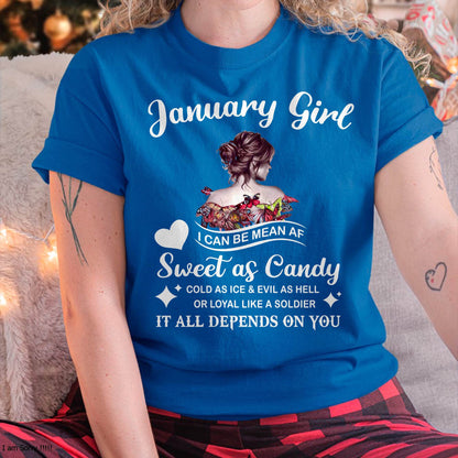 January Girl T-Shirt – Sweet As Candy, Cold As Ice - Birthday Gift for Women - NGHL01 (SKU26T-01-38-01)