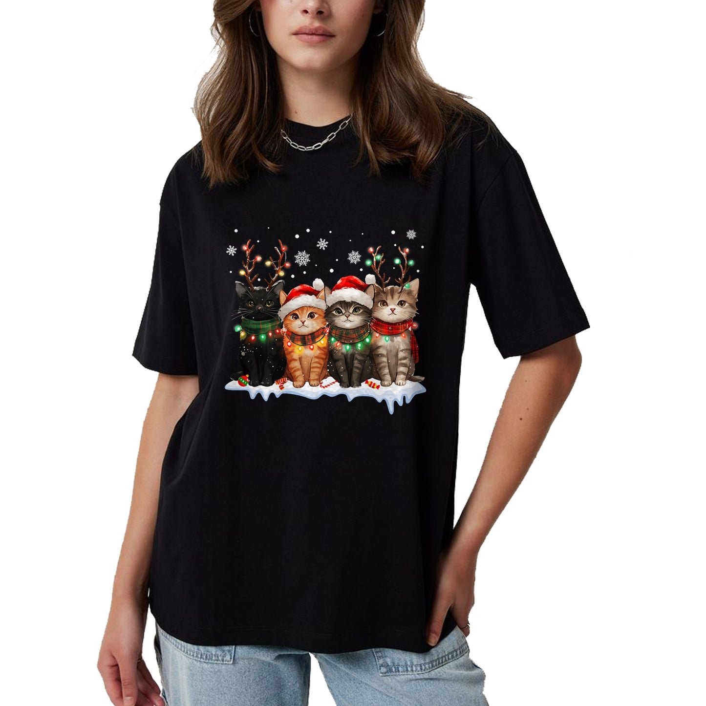 Cat Christmas Light Reindeer Santa Christmas Cat Lover T-Shirt - Christmas Unisex T-Shirt/Hoodie/Sweatshirt - NGHL00