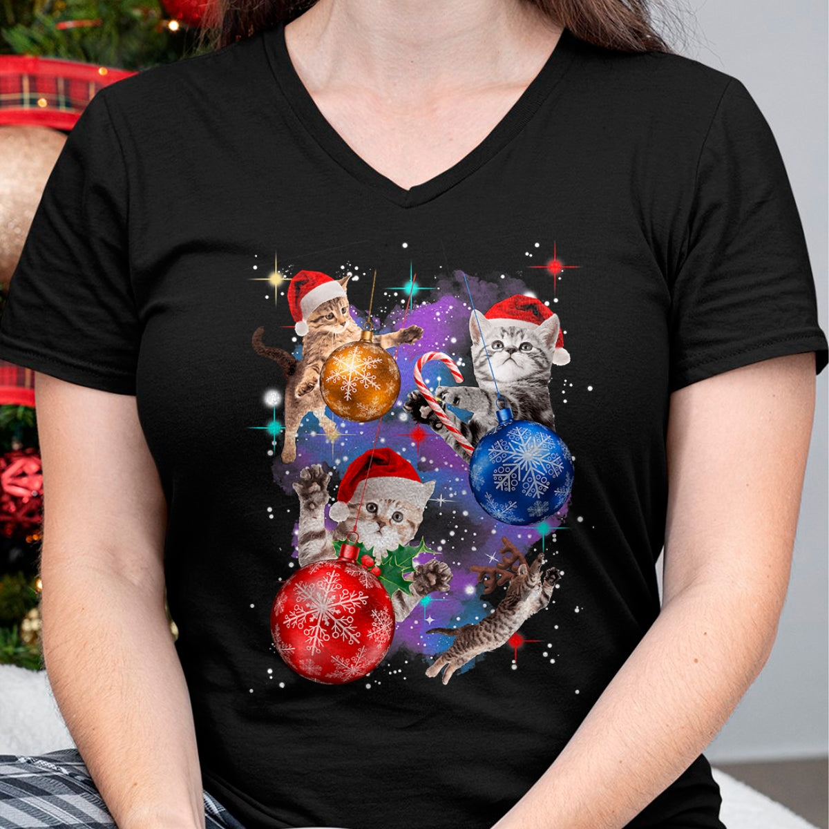 Cute Christmas Cats In Space Ornaments Graphic T-Shirt - Christmas Unisex T-Shirt/Hoodie/Sweatshirt - NGHL00