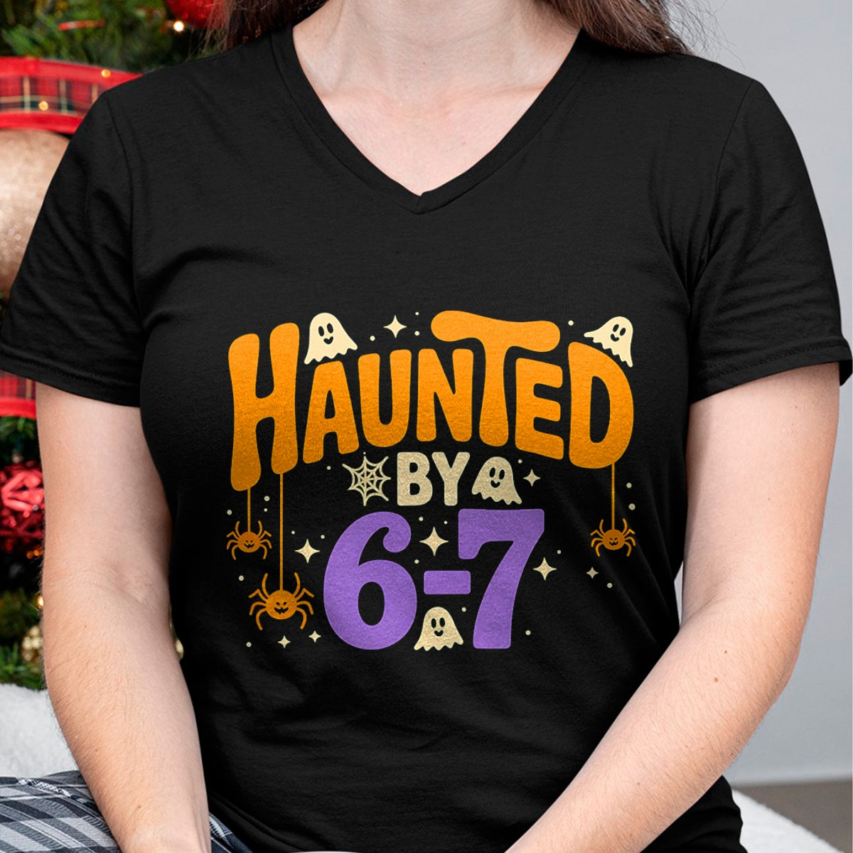 Haunted by 6-7 Halloween Ghosts and Spiders Design T-Shirt  - Halloween Unisex T-Shirt/Hoodie - NGHL00