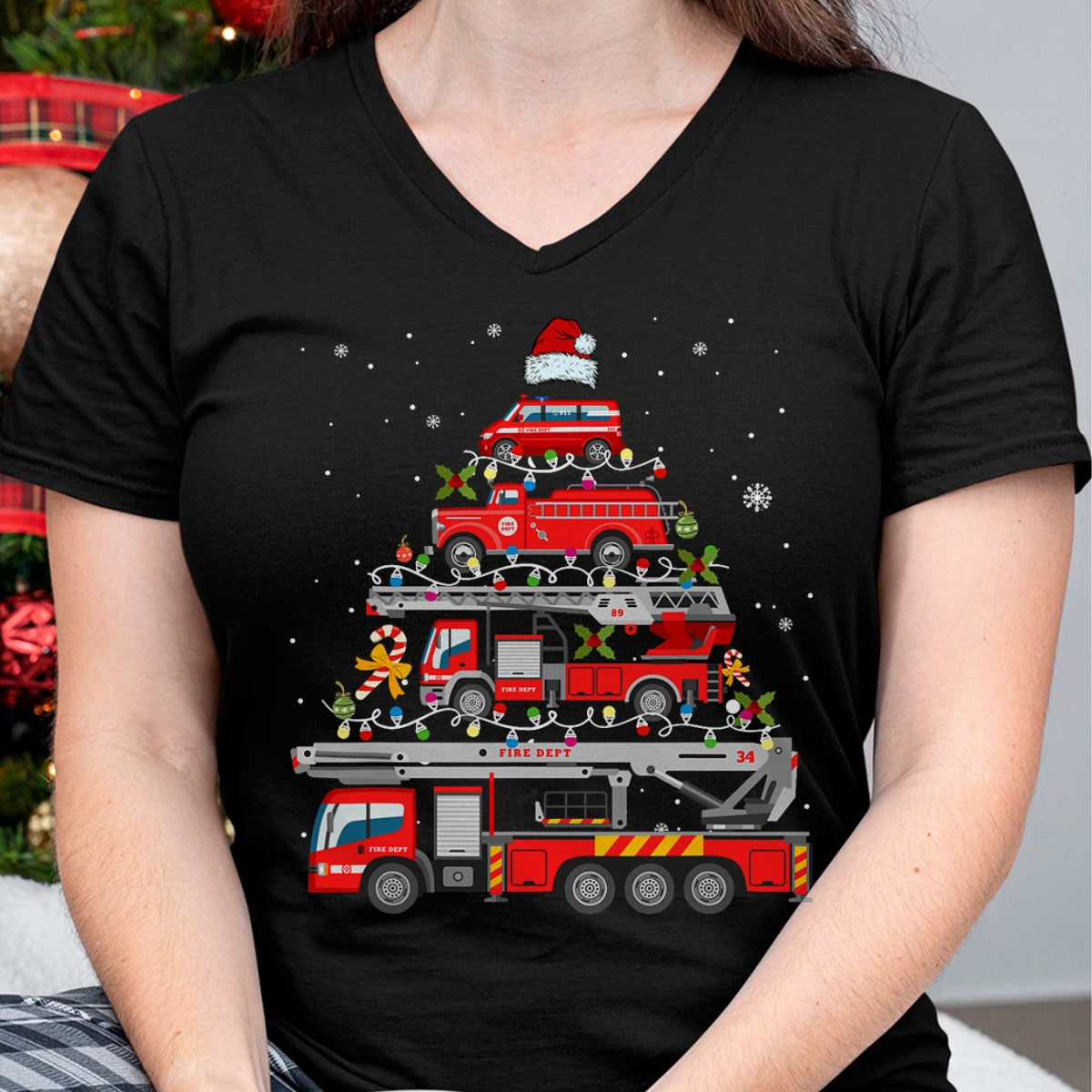 Firefighter Fire Truck Christmas Tree Lights Santa Fireman T-Shirt - Christmas Unisex T-Shirt/Hoodie/Sweatshirt - NGHL00