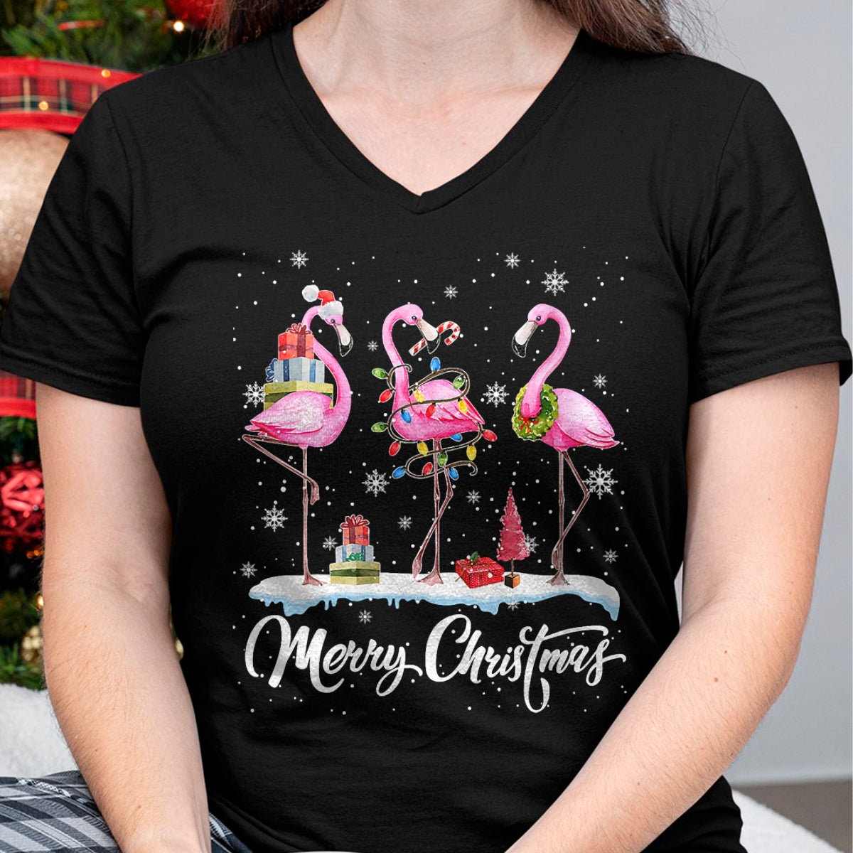 Merry Christmas Hat Santa Flamingo Light Christmas Snow T-Shirt - Christmas Unisex T-Shirt/Hoodie/Sweatshirt - NGHL00