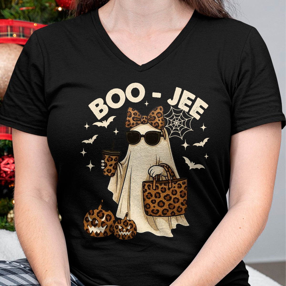 Coquette Leopard Ghost Coffee Boo JEE Halloween Boujee Ghost T-Shirt - Halloween Unisex T-Shirt/Hoodie - NGHL00