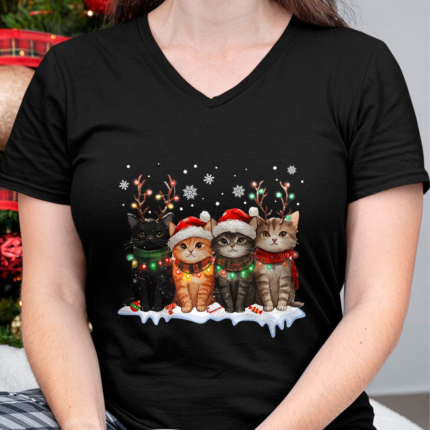 Cat Christmas Light Reindeer Santa Christmas Cat Lover T-Shirt - Christmas Unisex T-Shirt/Hoodie/Sweatshirt - NGHL00