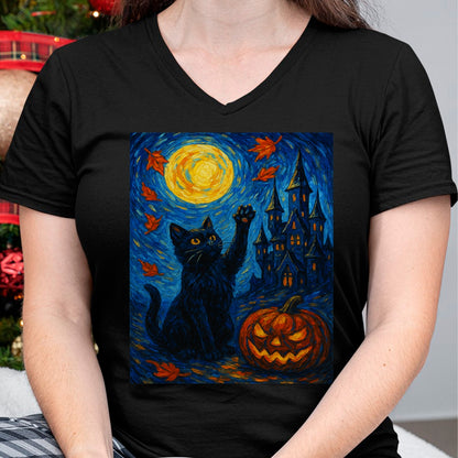 Halloween Van Gogh Starry Night Black Cat Pumpkins T-Shirt - Halloween Unisex T-Shirt/Hoodie - NGHL00