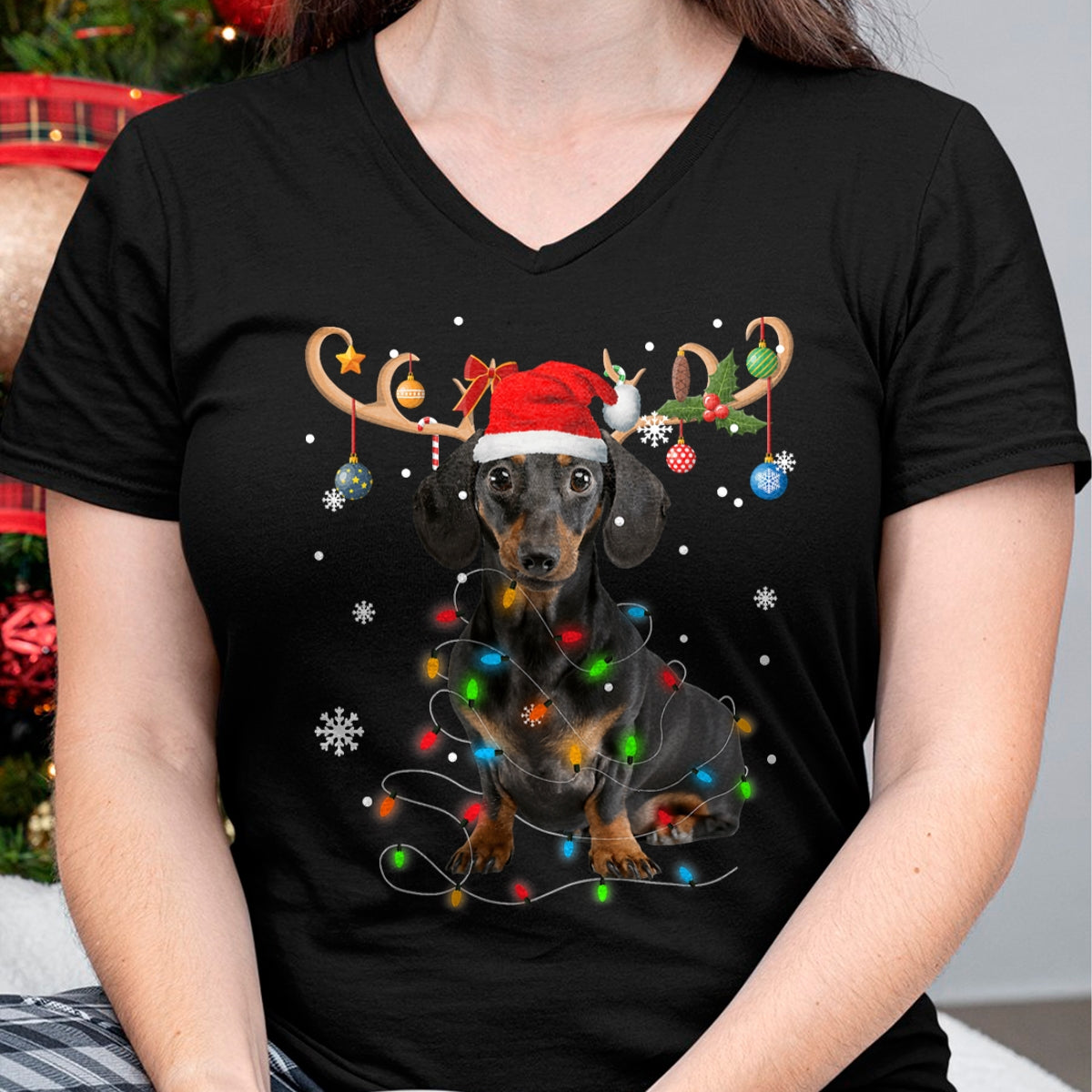 Funny Dachshund Christmas Reindeer Christmas Lights Pajama T-Shirt - Christmas Unisex T-Shirt/Hoodie/Sweatshirt - NGHL00