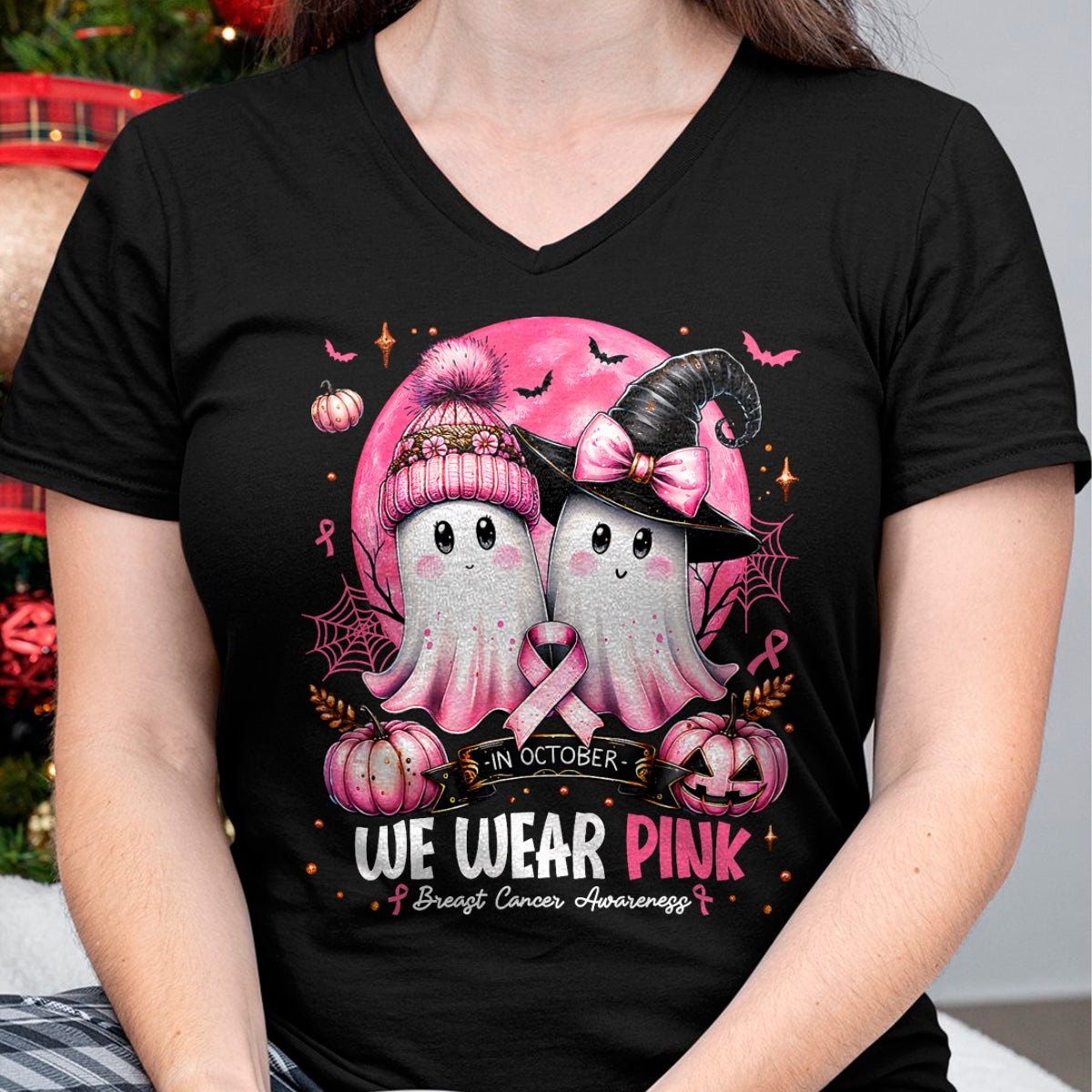 in October We Wear Pink Ghost Witch Breast Cancer Awareness T-Shirt - Halloween Unisex T-Shirt/Hoodie - NGHL00