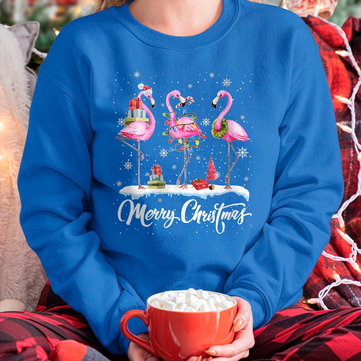 Merry Christmas Hat Santa Flamingo Light Christmas Snow T-Shirt - Christmas Unisex T-Shirt/Hoodie/Sweatshirt - NGHL00