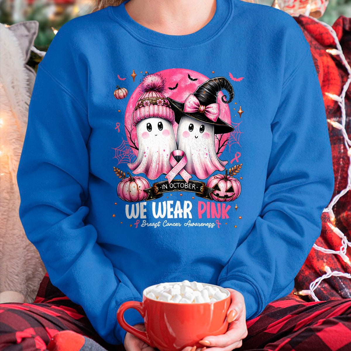 in October We Wear Pink Ghost Witch Breast Cancer Awareness T-Shirt - Halloween Unisex T-Shirt/Hoodie - NGHL00