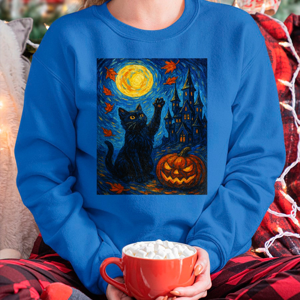 Halloween Van Gogh Starry Night Black Cat Pumpkins T-Shirt - Halloween Unisex T-Shirt/Hoodie - NGHL00