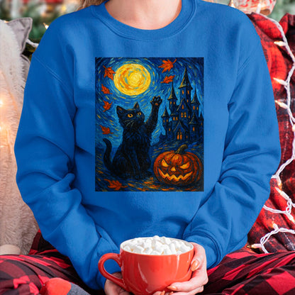 Halloween Van Gogh Starry Night Black Cat Pumpkins T-Shirt - Halloween Unisex T-Shirt/Hoodie - NGHL00