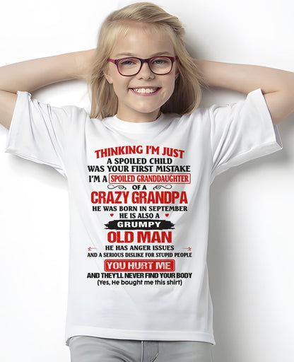 Spoiled Granddaughter of a Crazy Grandpa Shirt – Birthday Gift from September Grandpa / Man - NGHL09 (SKU12-200-09)