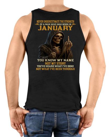 JANUARY - NEVER UNDERESTIMATE - BIRTHDAY T-SHIRT FOR MEN - NGHL01 (SKU26T-01-06-01)