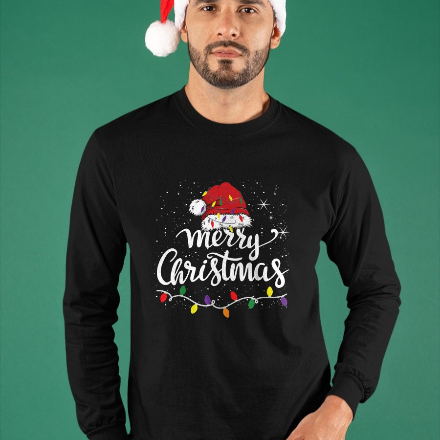Merry Christmas Lights Red Santa Hat Xmas Family Men Women Pullover - Christmas Unisex T-Shirt/Hoodie/Sweatshirt - NGHL00