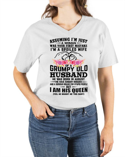 August - Spoiled Wife T-Shirt – Grumpy Old Husband Funny Tee - Perfect Gift From Husband - NGHL08 (SKU11-101-08)
